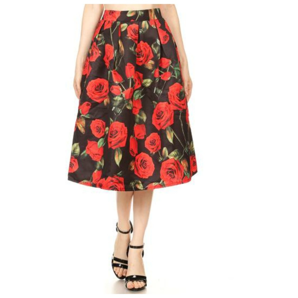 Red Floral Mid Vintage Mid Skirt